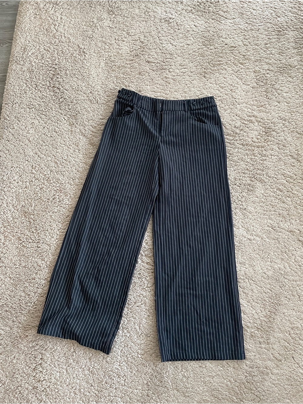 Navy Blue Pinstripe Wide Leg Trousers
